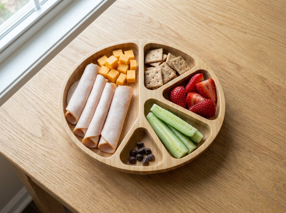 Overhead view of a five-compartment bento box with turkey, cheese, crackers, strawberries, cucumber and chocolate chips