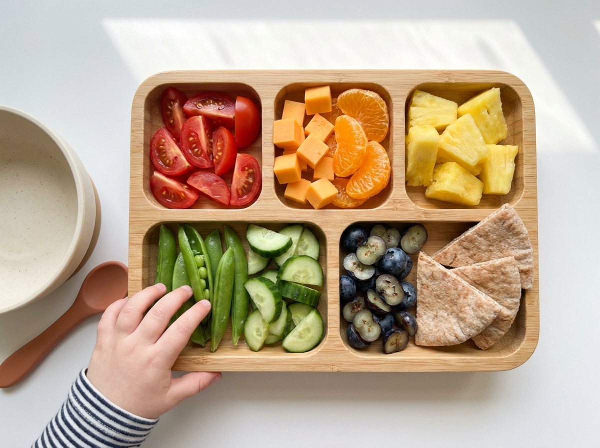 Rainbow bento box with tomatoes, cheddar, mandarin, pineapple, cucumber, snap peas, blueberries and pita