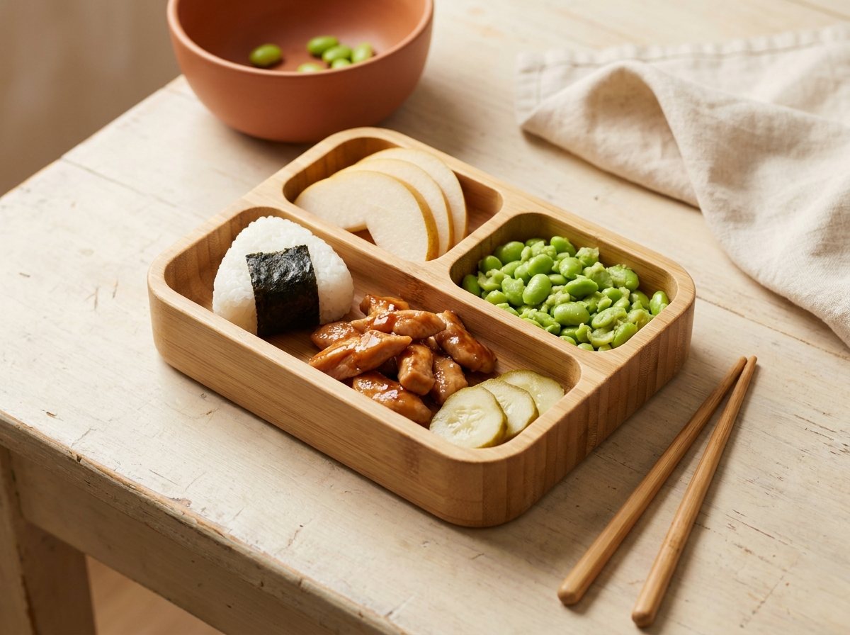 Japanese-style bento with onigiri, teriyaki chicken, Asian pear, edamame and pickled cucumber