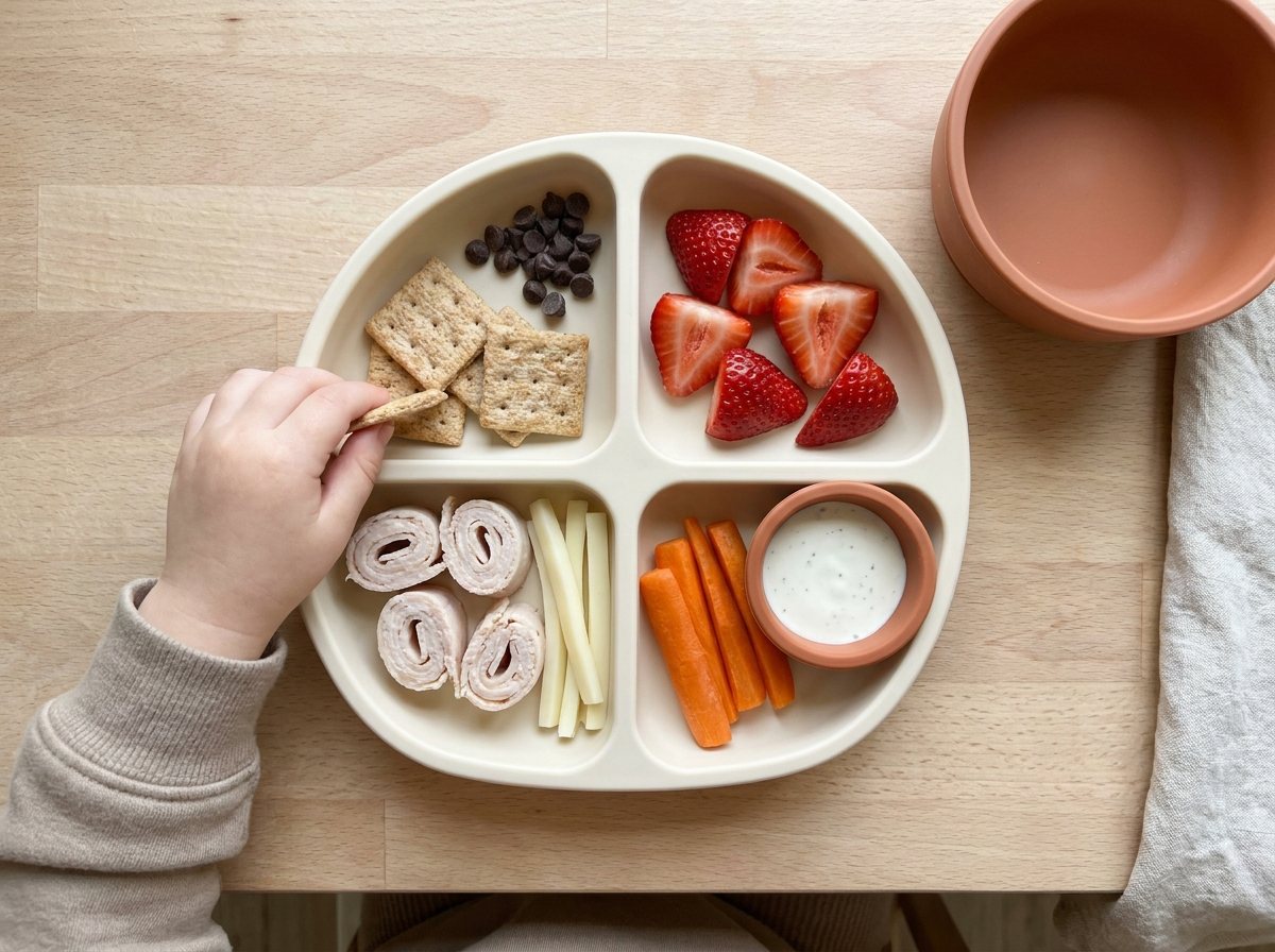 Sandwich-free bento with turkey roll-ups, cheese, crackers, strawberries, carrots, ranch and chocolate chips