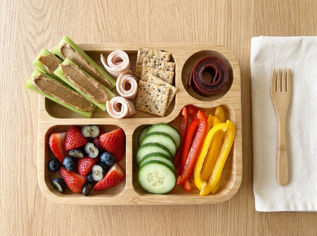Nut-free bento for ages 5 and up with sunflower butter celery, turkey roll-ups, seed crackers, berries, vegetables and fruit leather