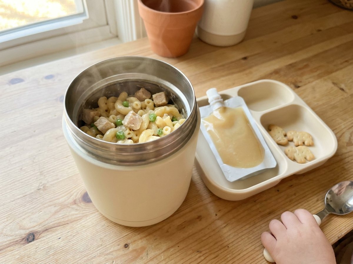 Open thermos of mac and cheese with peas beside a bento tray with applesauce pouch and animal crackers; hot food should cool a few minutes before a child eats