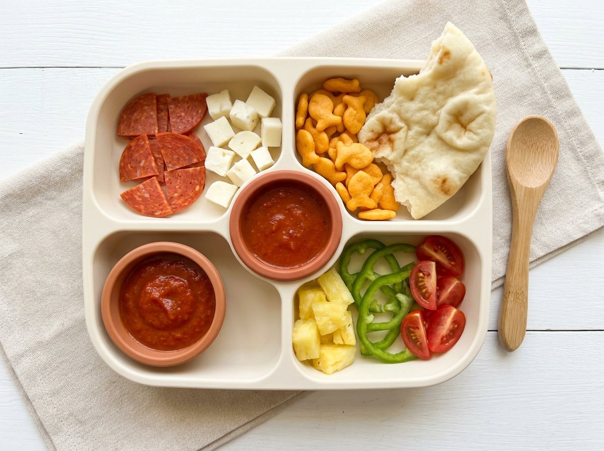 Pizza-party bento with pepperoni, mozzarella, marinara, Goldfish, naan, pineapple, peppers and tomatoes