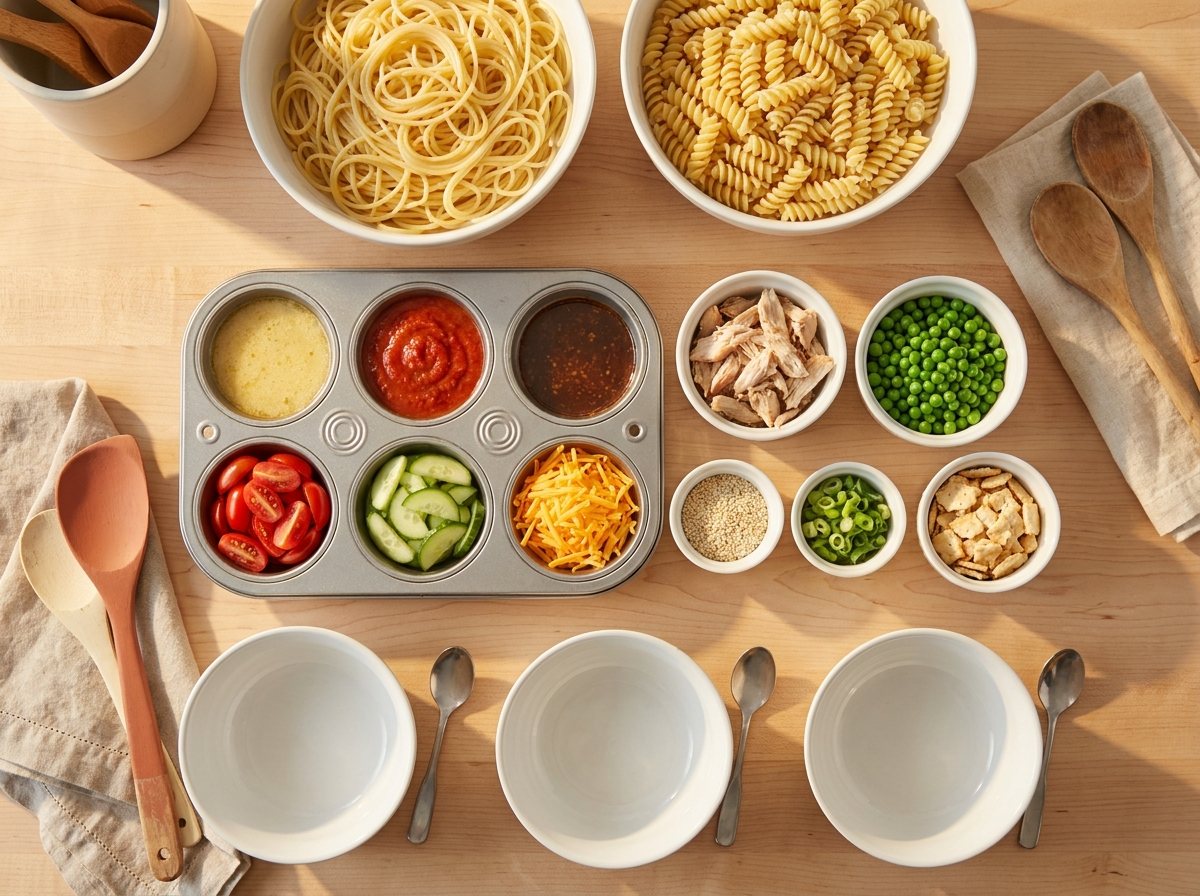 Overhead view of a noodle bar with noodles, sauces and small dishes of toppings on a wooden kitchen counter