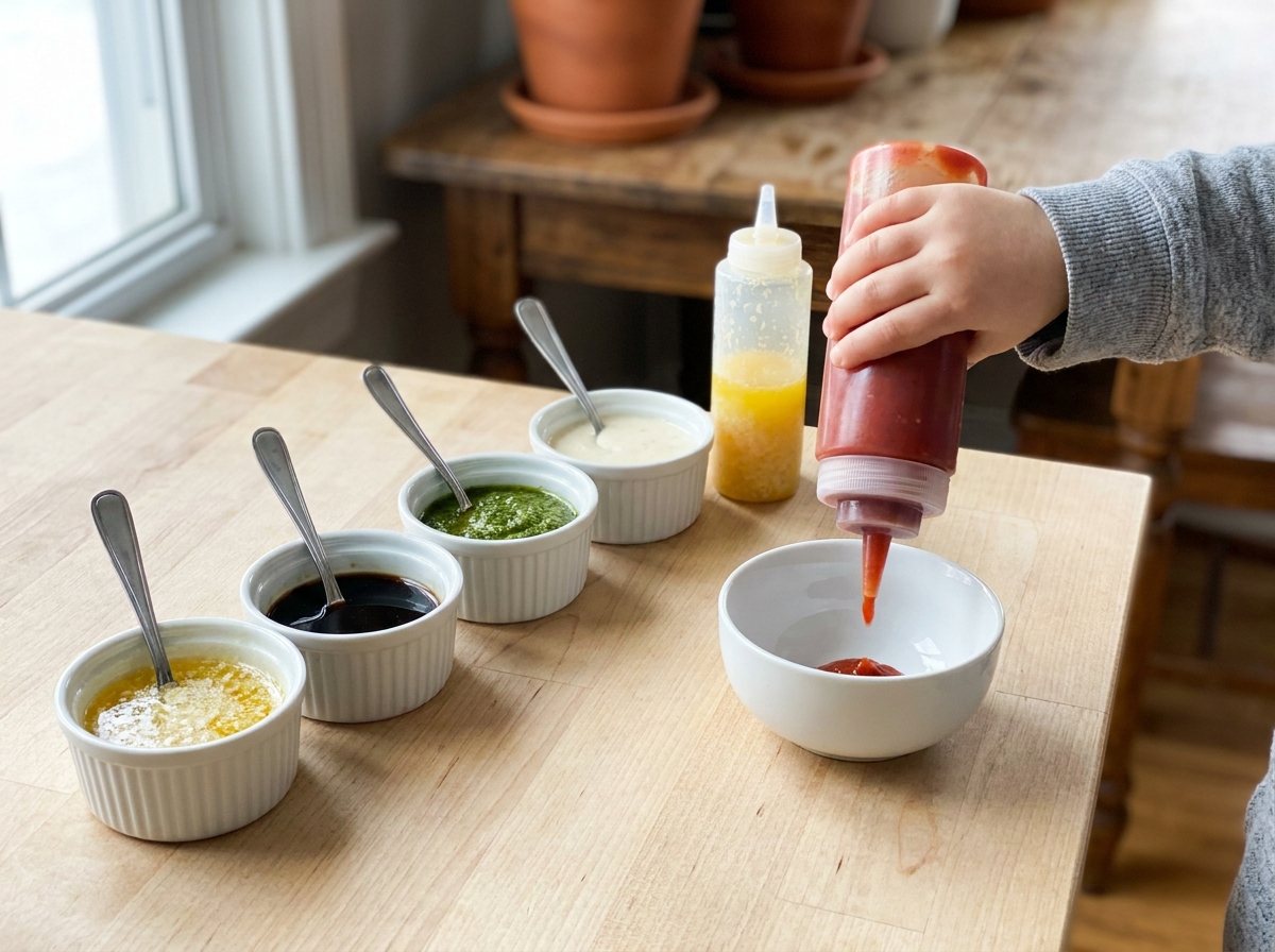 Ramekins and squeeze bottles of pasta sauces in a row with a child's hand squeezing marinara into a bowl