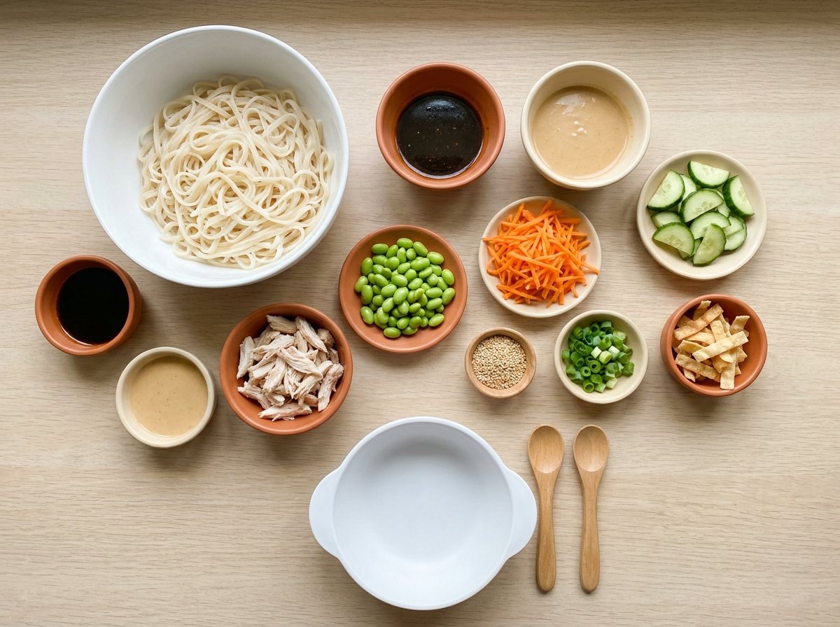 Overhead view of an Asian-inspired noodle bar with rice noodles, soy-sesame and peanut sauces, edamame, carrots, cucumber, scallions and wonton strips in small dishes