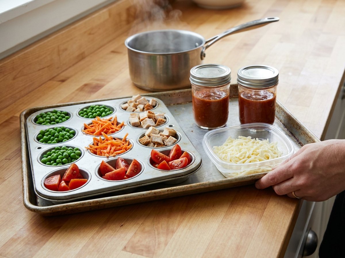 Sheet pan carrying a muffin tin, mason jars and lids of noodle bar toppings ready to carry to the table