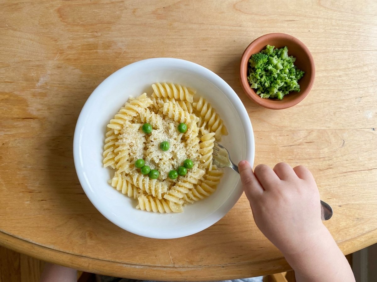 Small bowl of buttered rotini with whole peas in a smiley face, a child's hand holding a fork, and a dish of chopped broccoli nearby