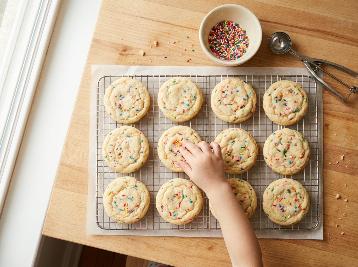 Rainbow-sprinkle sugar cookies on a wire rack with a child's hand adding sprinkles