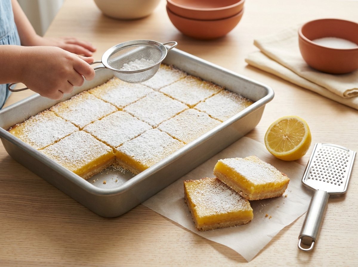 Pan of lemon bars dusted with powdered sugar, one child's hand sifting sugar over them