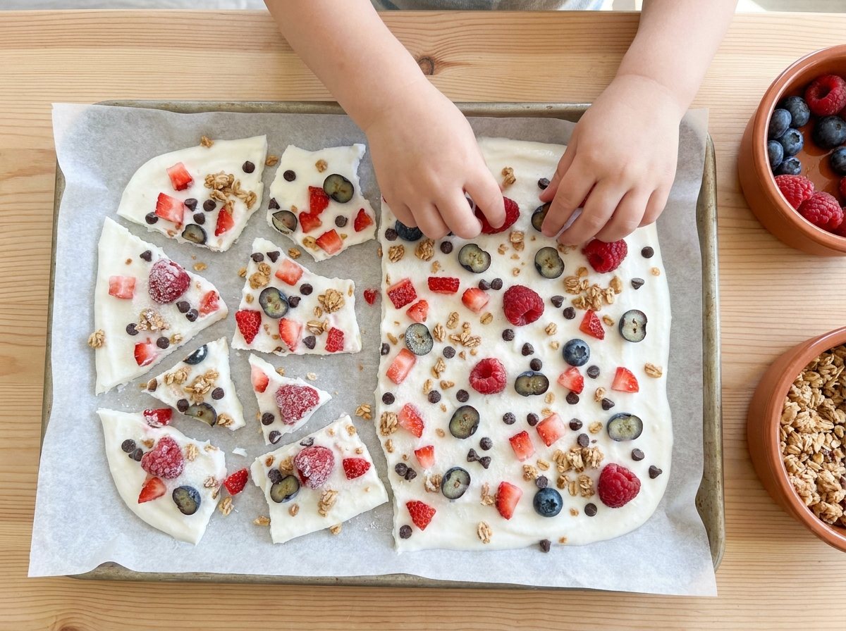 Frozen yogurt bark with berries, chocolate chips and granola on parchment, with small hands scattering berries over the yogurt layer