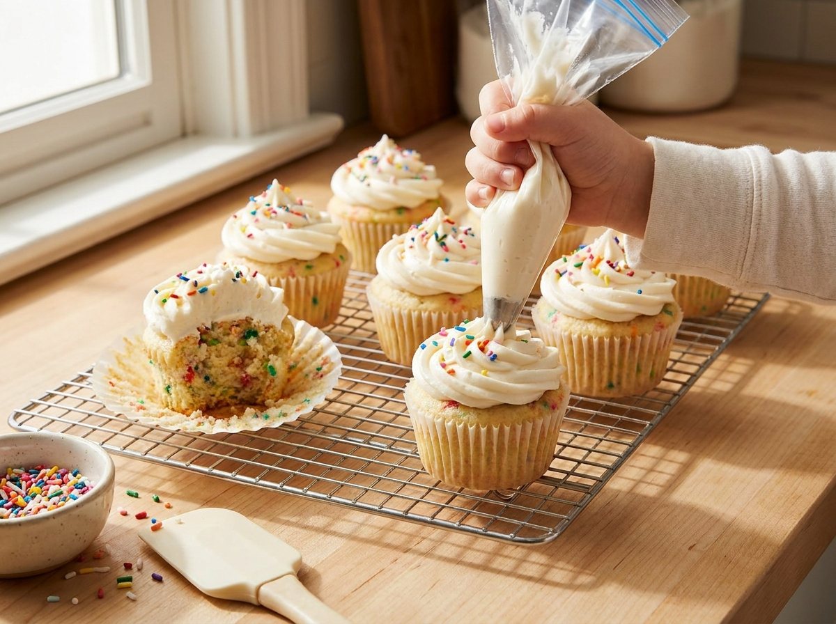 Funfetti cupcakes with vanilla buttercream and sprinkles, a child's hand piping frosting