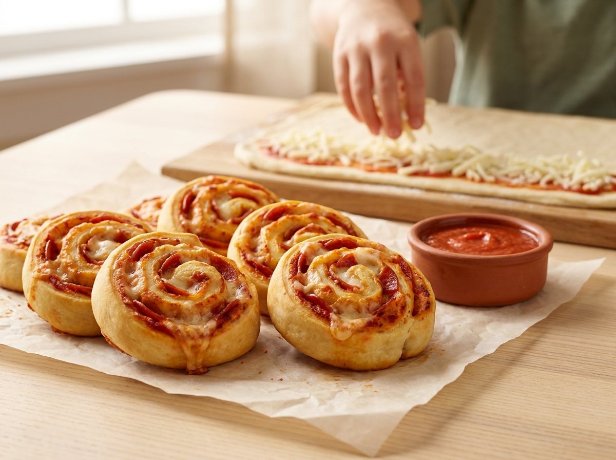 Baked pizza pinwheels with cheese and pepperoni beside a bowl of marinara
