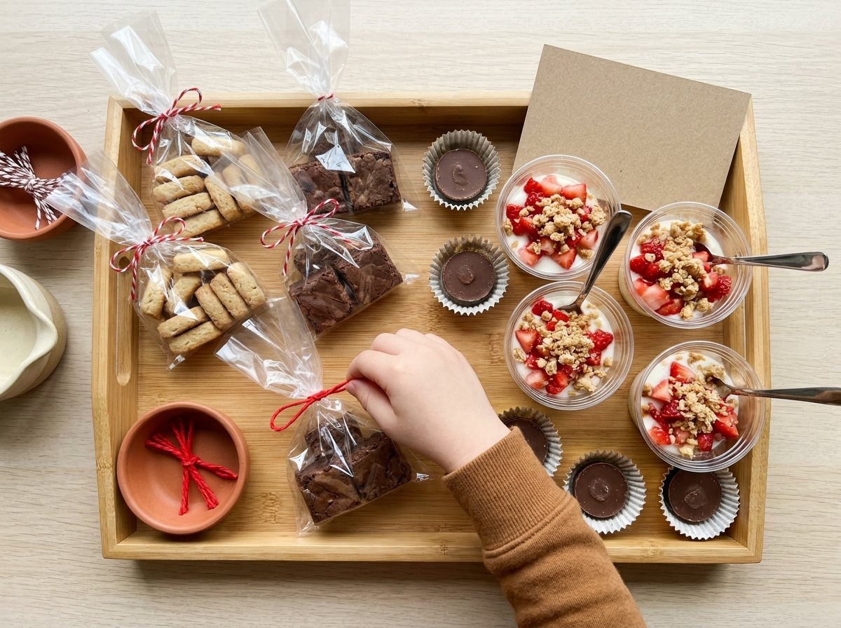 Tray of cookies in cellophane bags, yogurt parfait cups and truffles in liners, packed as individual portions for a class party