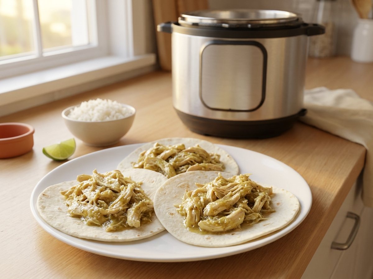 Three soft tortillas filled with shredded salsa verde chicken on a white plate beside rice and a lime wedge