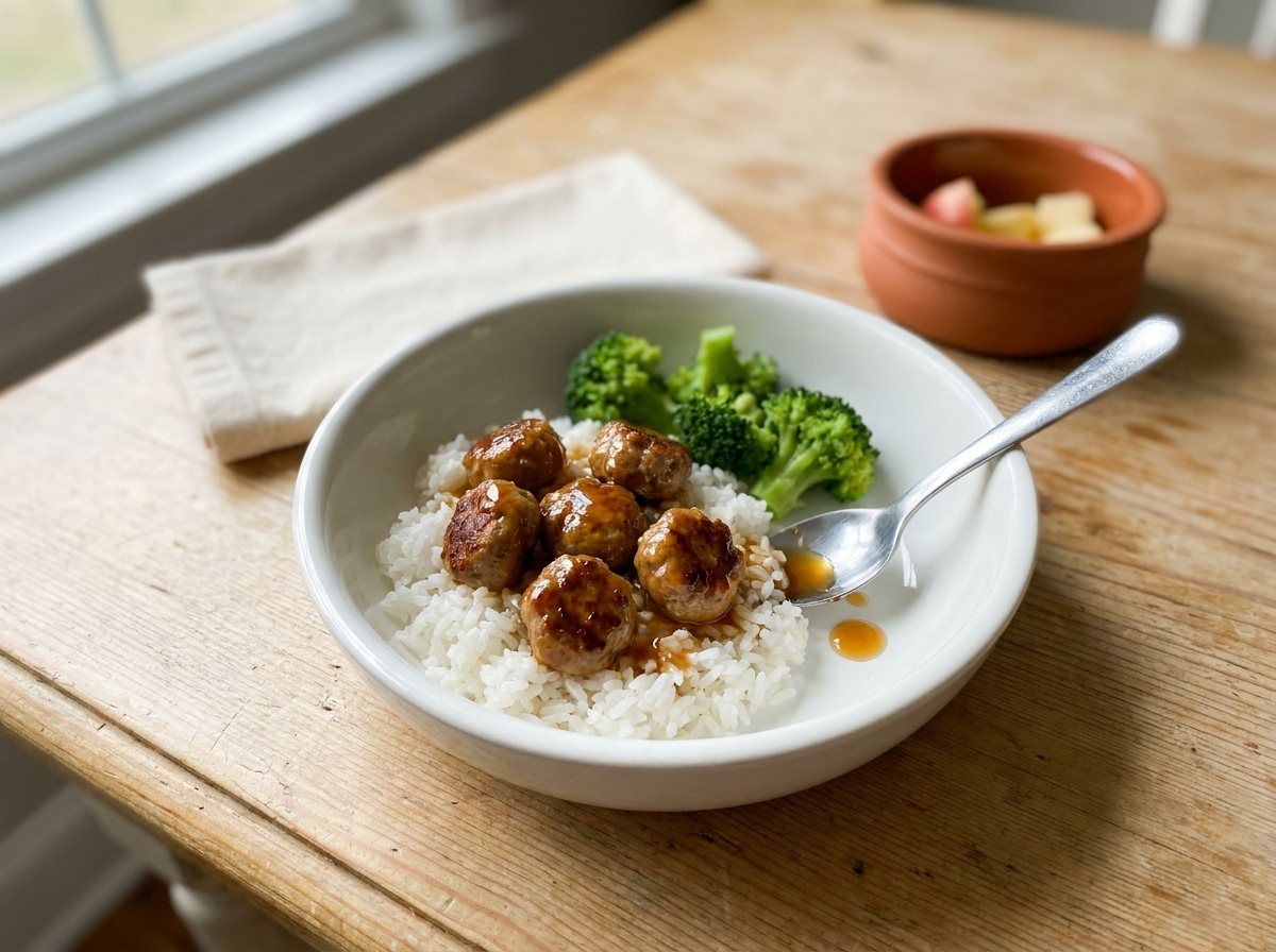Bowl of rice topped with glossy honey garlic meatballs and bright green broccoli