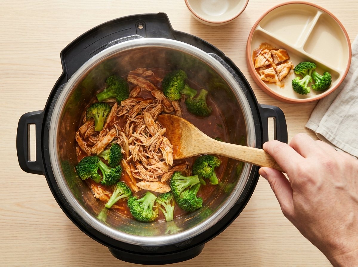 Bright green broccoli being stirred into an open Instant Pot of chicken and sauce