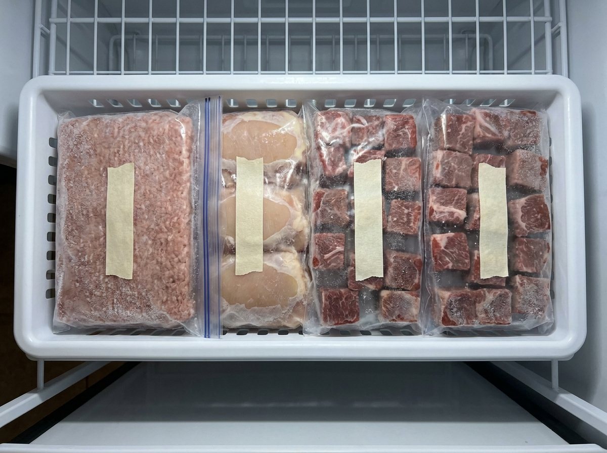 Flat-frozen freezer bags of ground turkey, chicken thighs and stew cubes stacked neatly