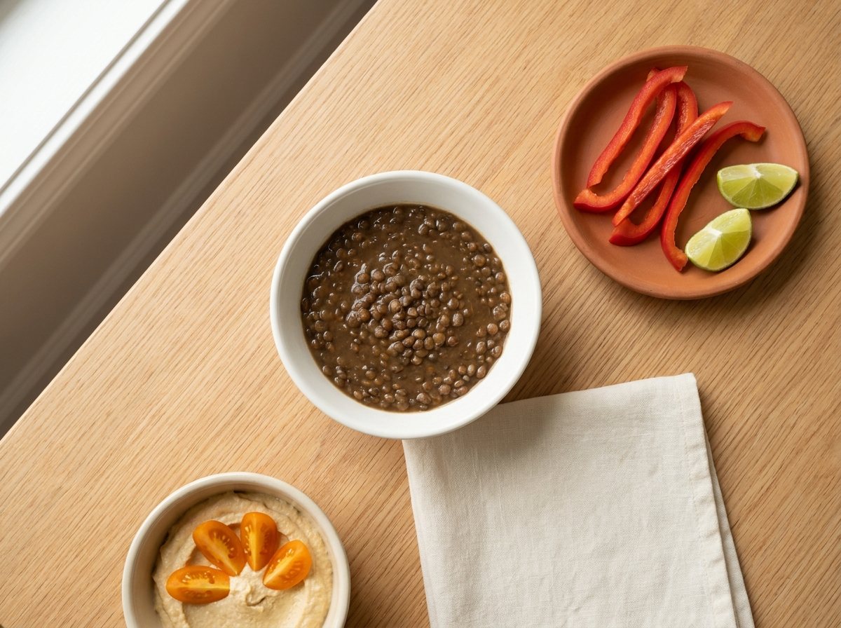 Bowl of lentil soup next to red bell pepper strips, lime wedges, and hummus with quartered cherry tomatoes