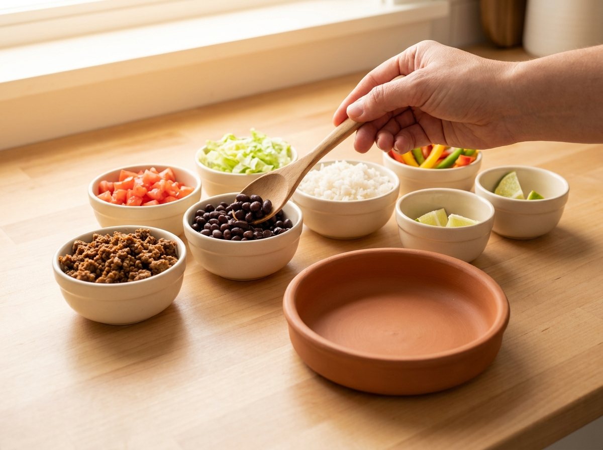 Burrito bowl bar with beef, black beans, rice, tomato, lettuce, and lime in separate bowls