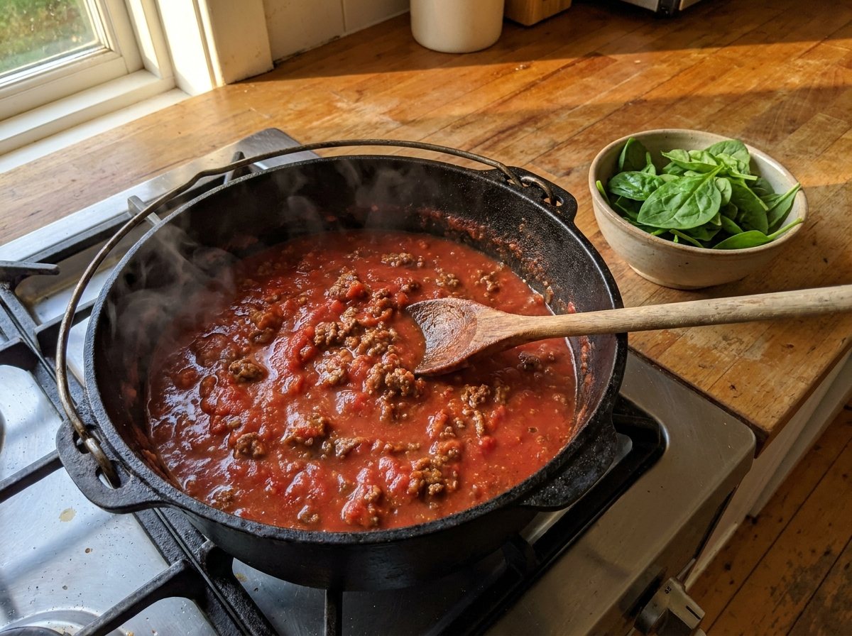 Cast iron Dutch oven filled with simmering tomato meat sauce and a wooden spoon