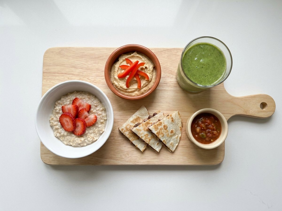Oatmeal with strawberries, hummus with pepper strips, bean quesadilla, salsa, and a spinach smoothie