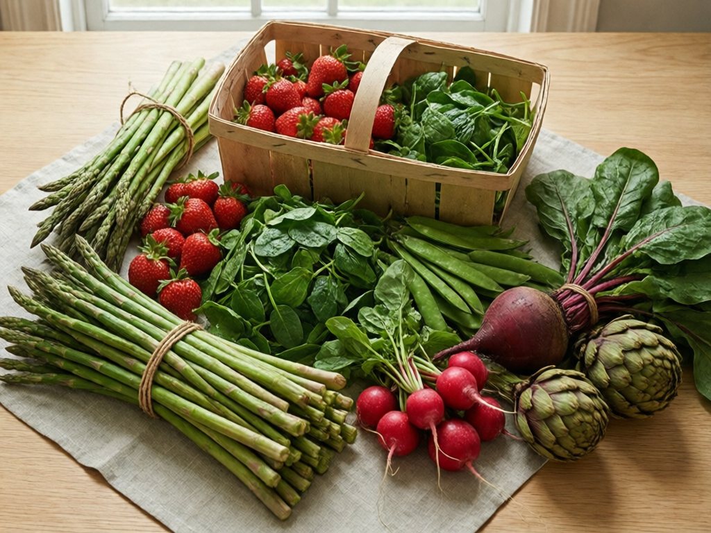 Overhead view of asparagus, strawberries, spinach, snap peas, radishes, beets and artichokes on a wood table