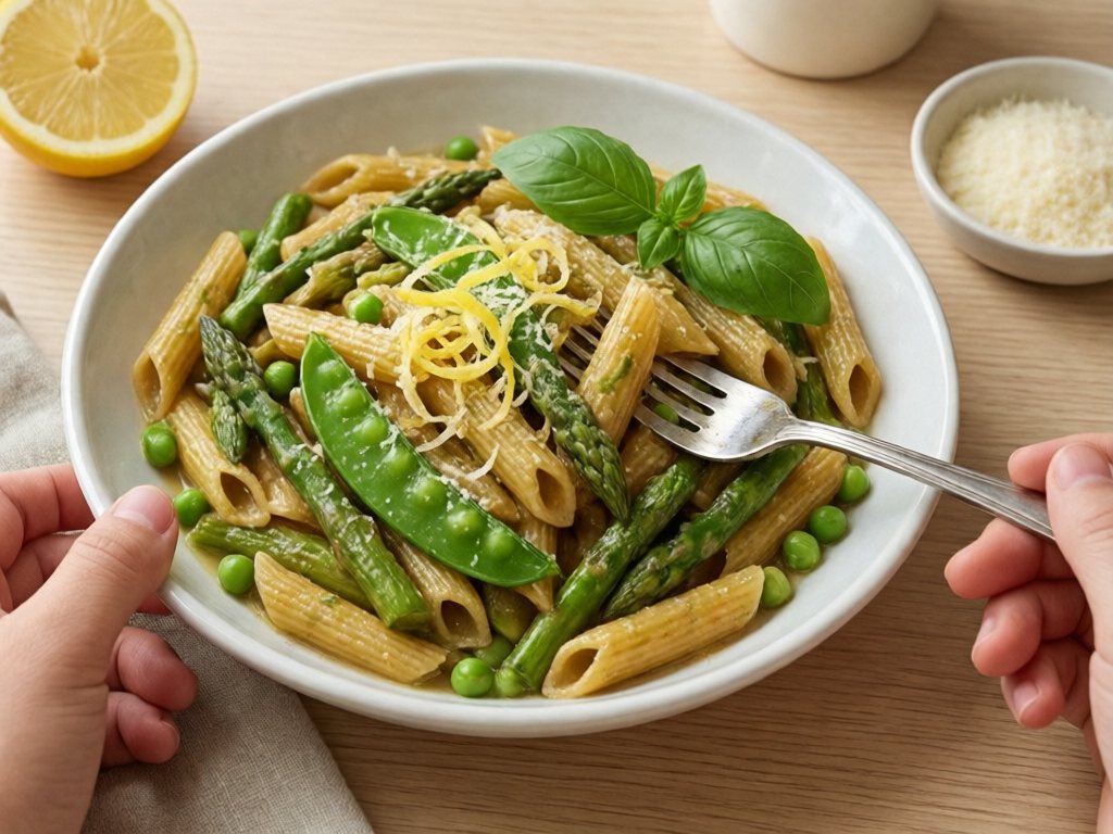 Bowl of whole-grain penne with asparagus, peas, snap peas, parmesan and lemon zest