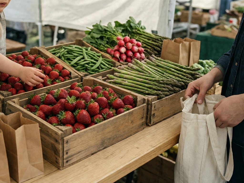 Child's hand reaching for a strawberry at a farmers market stall with crates of spring produce