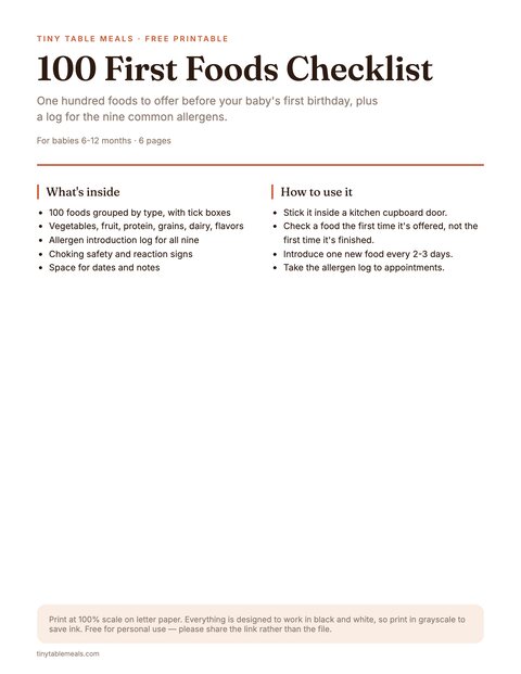 100 First Foods Checklist + Allergen Log preview
