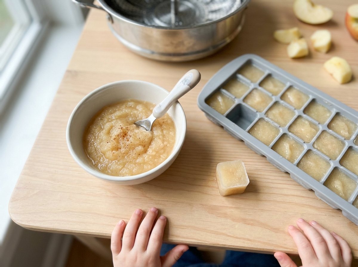 Bowl of cinnamon steamed apple mash beside a silicone tray of frozen apple cubes