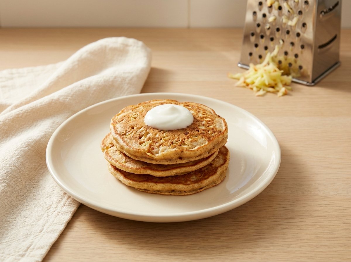 Stack of small grated apple pancakes with yogurt beside a box grater and grated apple