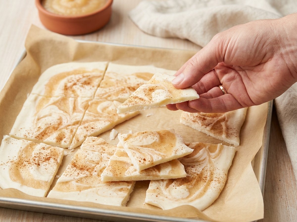 Small pieces of swirled applesauce yogurt bark on a parchment-lined tray