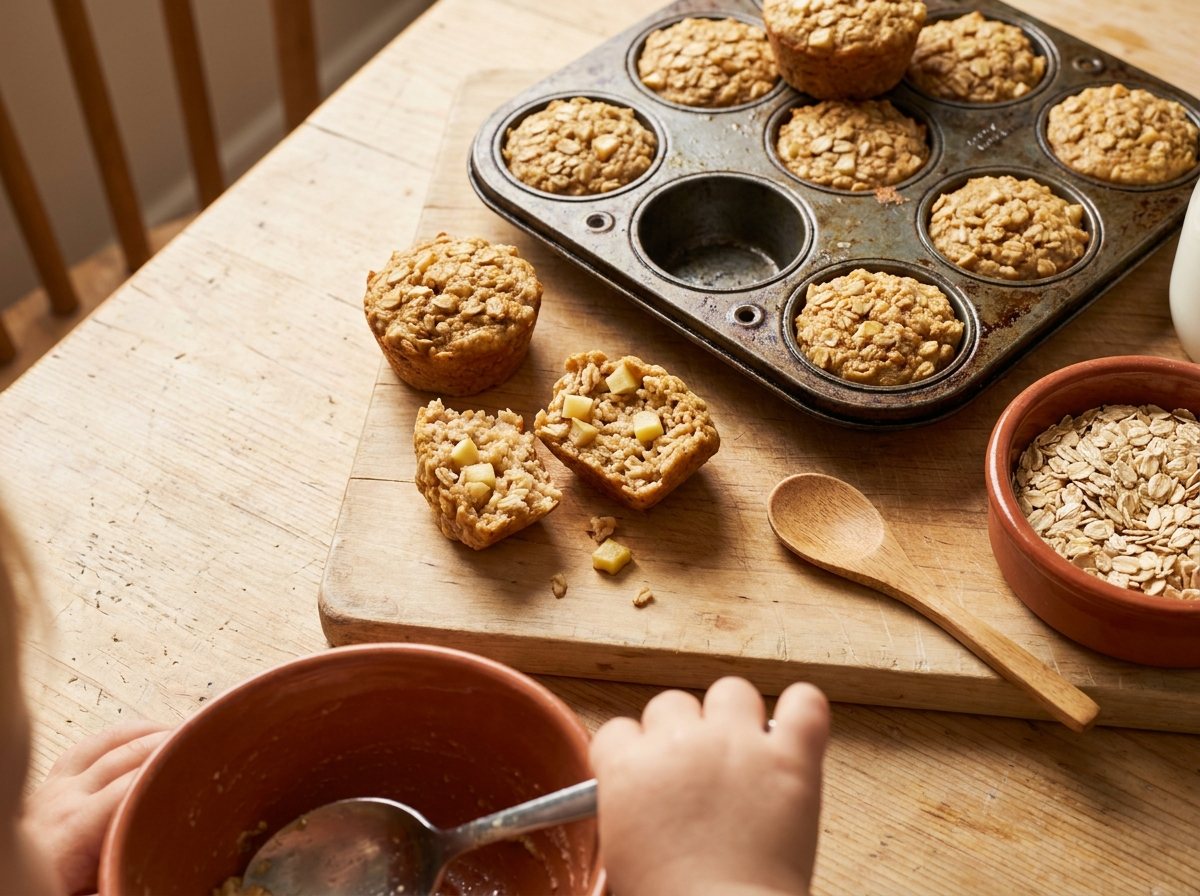 Golden baked apple oatmeal cups in a mini muffin tin, one broken open showing tiny apple pieces