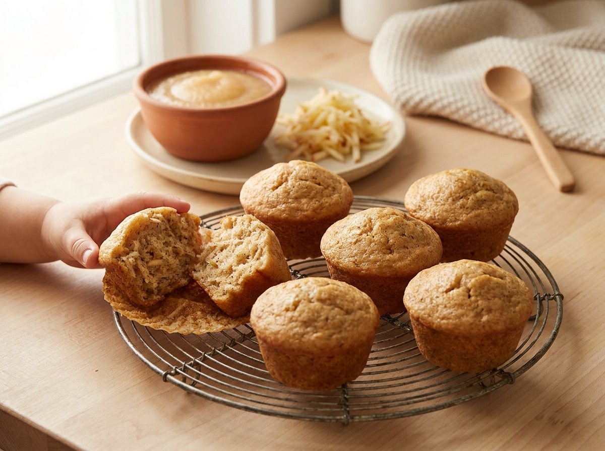 Apple cinnamon mini muffins on a wire rack, one torn open showing grated apple in the crumb