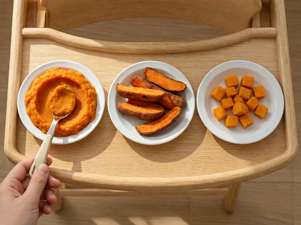 Three plates of sweet potato as mash, soft wedges and small soft pieces on a wooden high chair tray