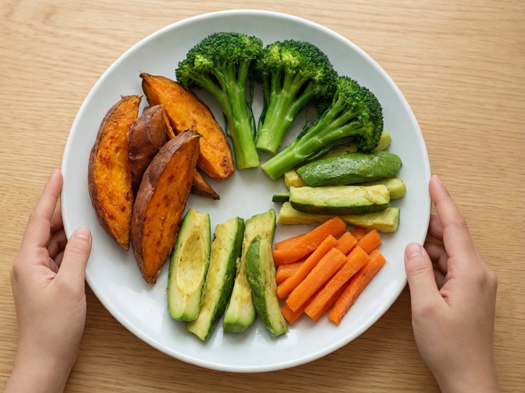 Plate of soft roasted and steamed vegetable finger foods for a baby: sweet potato, broccoli, zucchini, avocado, carrot