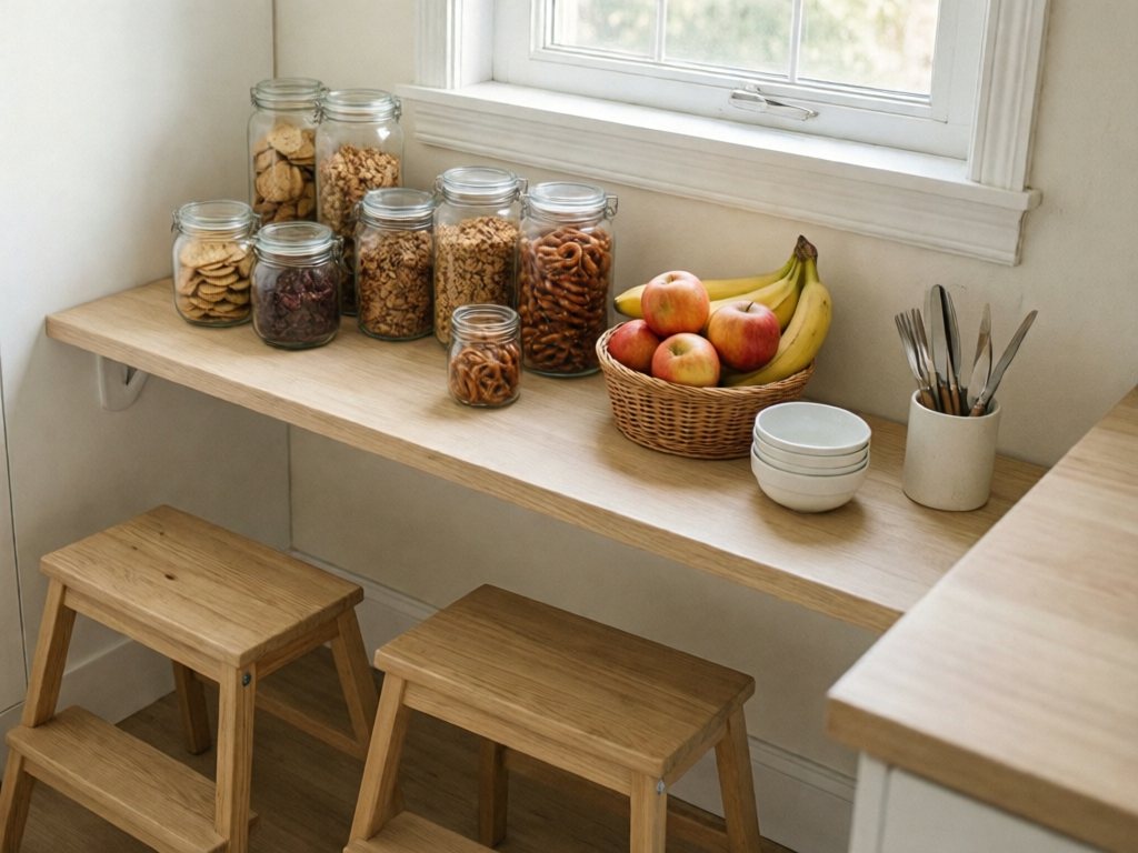 Low kitchen shelf at child height with clear snack containers, a fruit basket, small bowls and a step stool, shown as a snack station for homes with no baby or toddler