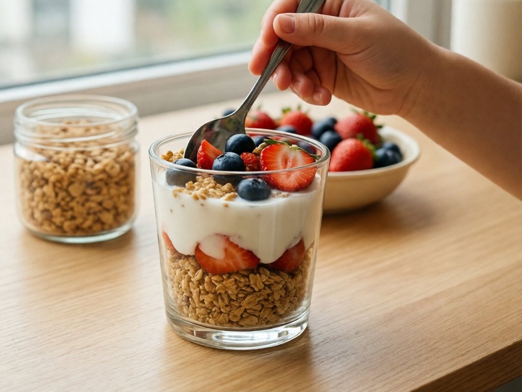 Layered yogurt, granola and berry parfait in a clear glass with a child's hand holding a spoon