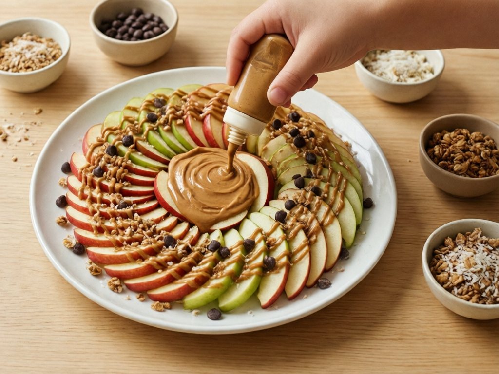 Apple slices drizzled with nut butter and topped with chocolate chips, granola and coconut on a white plate