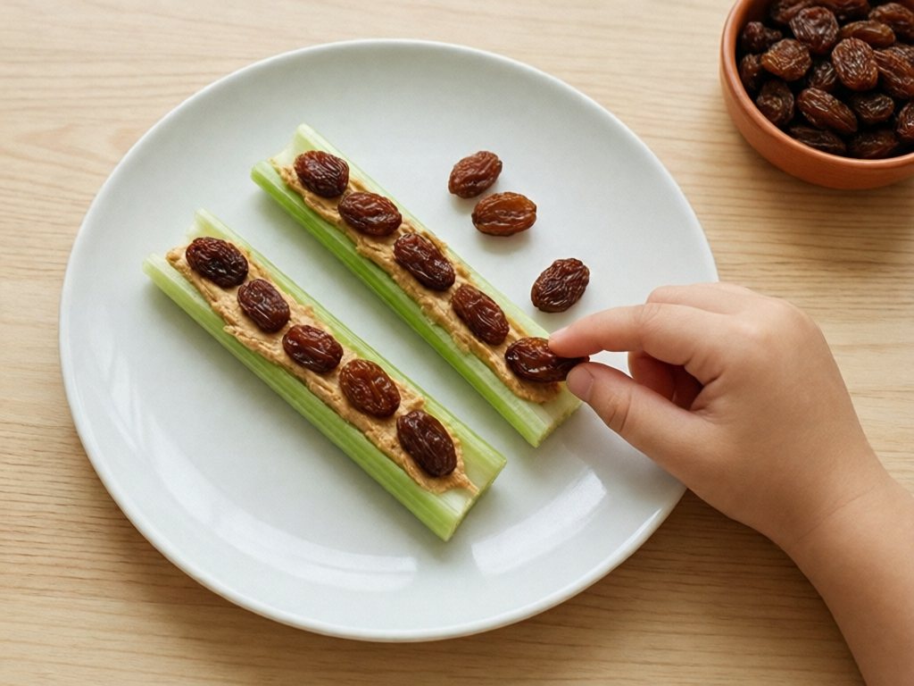 Child's hand placing raisins on celery sticks filled with a thin layer of nut butter on a white plate