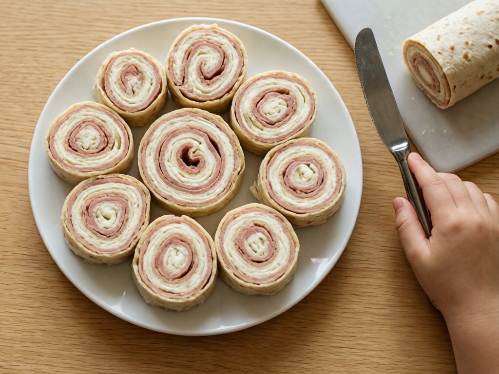 Tortilla pinwheels with cream cheese and turkey spirals on a white plate with a butter knife nearby