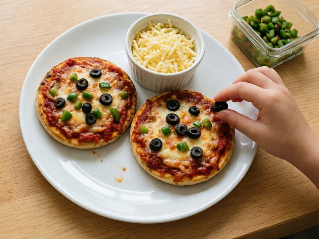 Two melted-cheese English muffin pizzas with pepper and olive toppings on a white plate