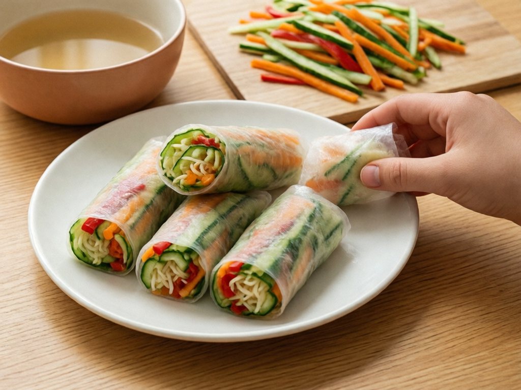 Fresh spring rolls cut in half showing noodles and vegetable strips on a white plate