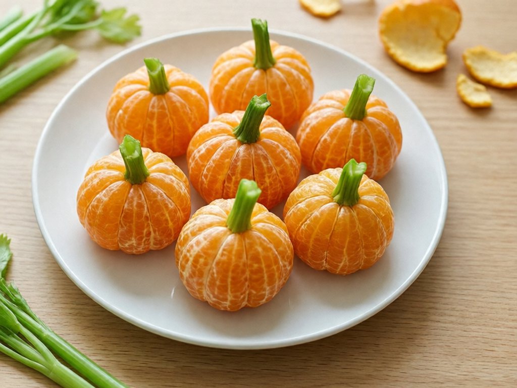 Peeled whole clementines with small celery stem pieces on top to look like pumpkins, on a white plate; the stems are decoration and are removed for children under 5