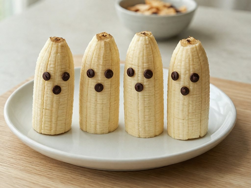 Four upright banana halves decorated with allergy-friendly mini chocolate chip eyes and mouths as Halloween ghosts, for ages 4 and up