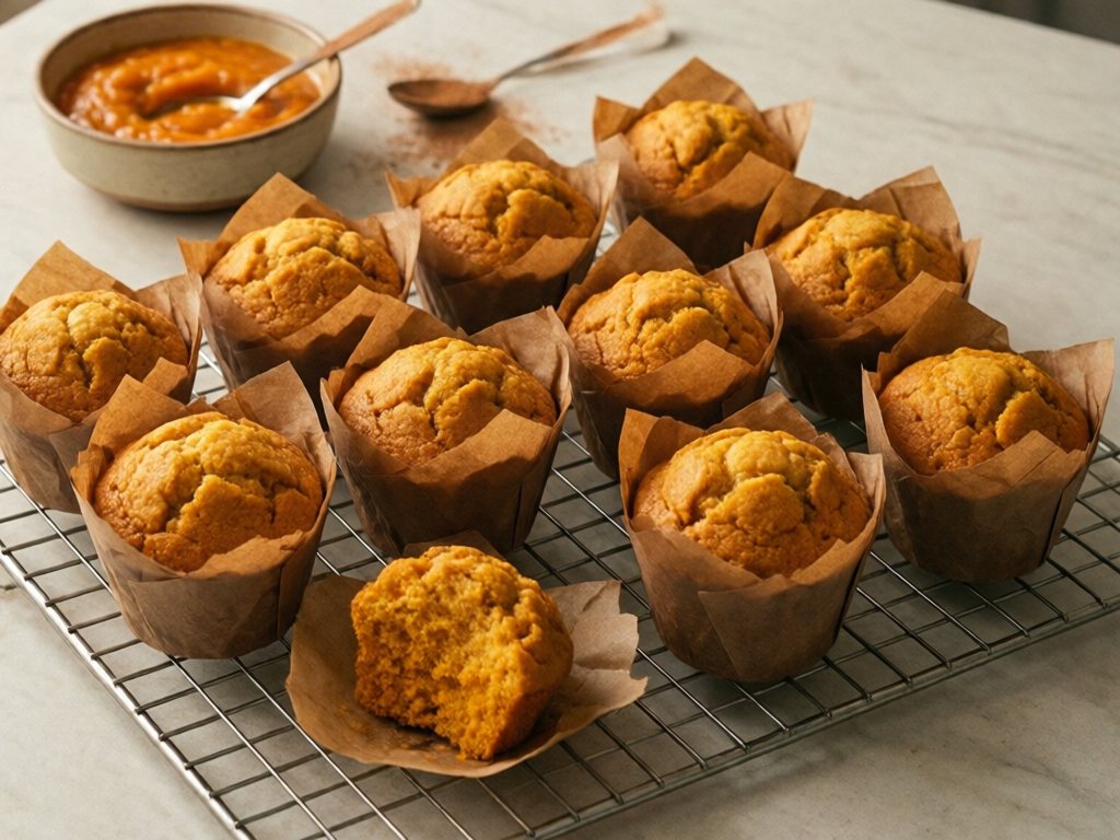Pumpkin muffins in brown liners on a wire rack, one broken open to show the soft crumb