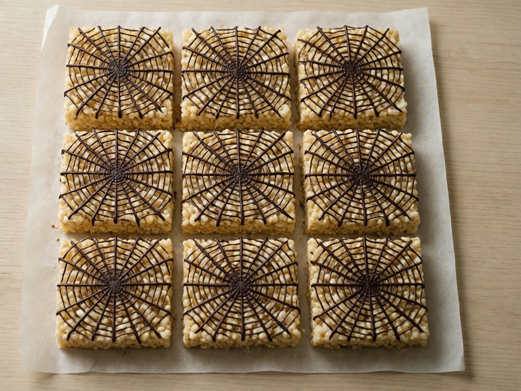 Square crispy rice treats topped with thin chocolate spider web lines on parchment paper