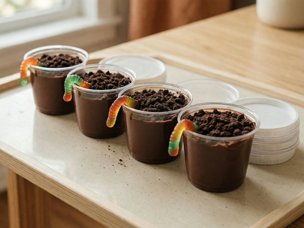 Four small clear cups of chocolate pudding topped with cookie crumb dirt; the gummy worm on each is for ages 4 and up only