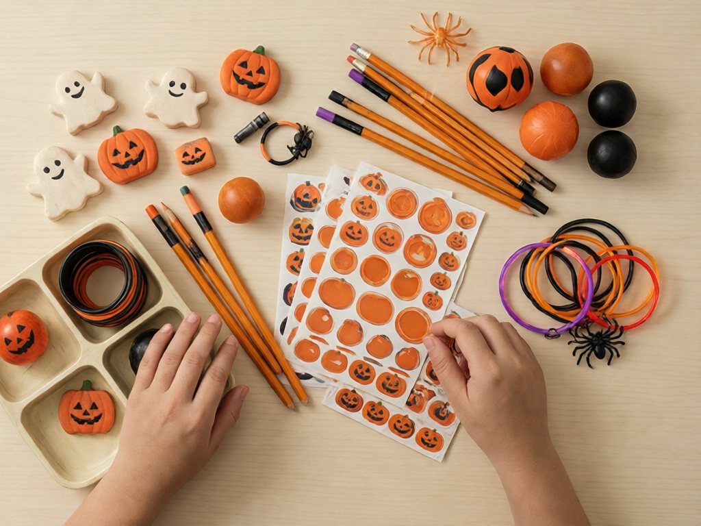 Flat-lay of Halloween erasers, pencils, glow bracelets, stickers, bouncy balls and spider rings; small parts are not for children under 4